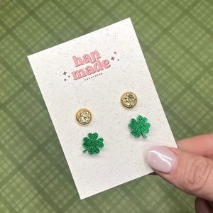Green Clover and Gold Stud Earrings